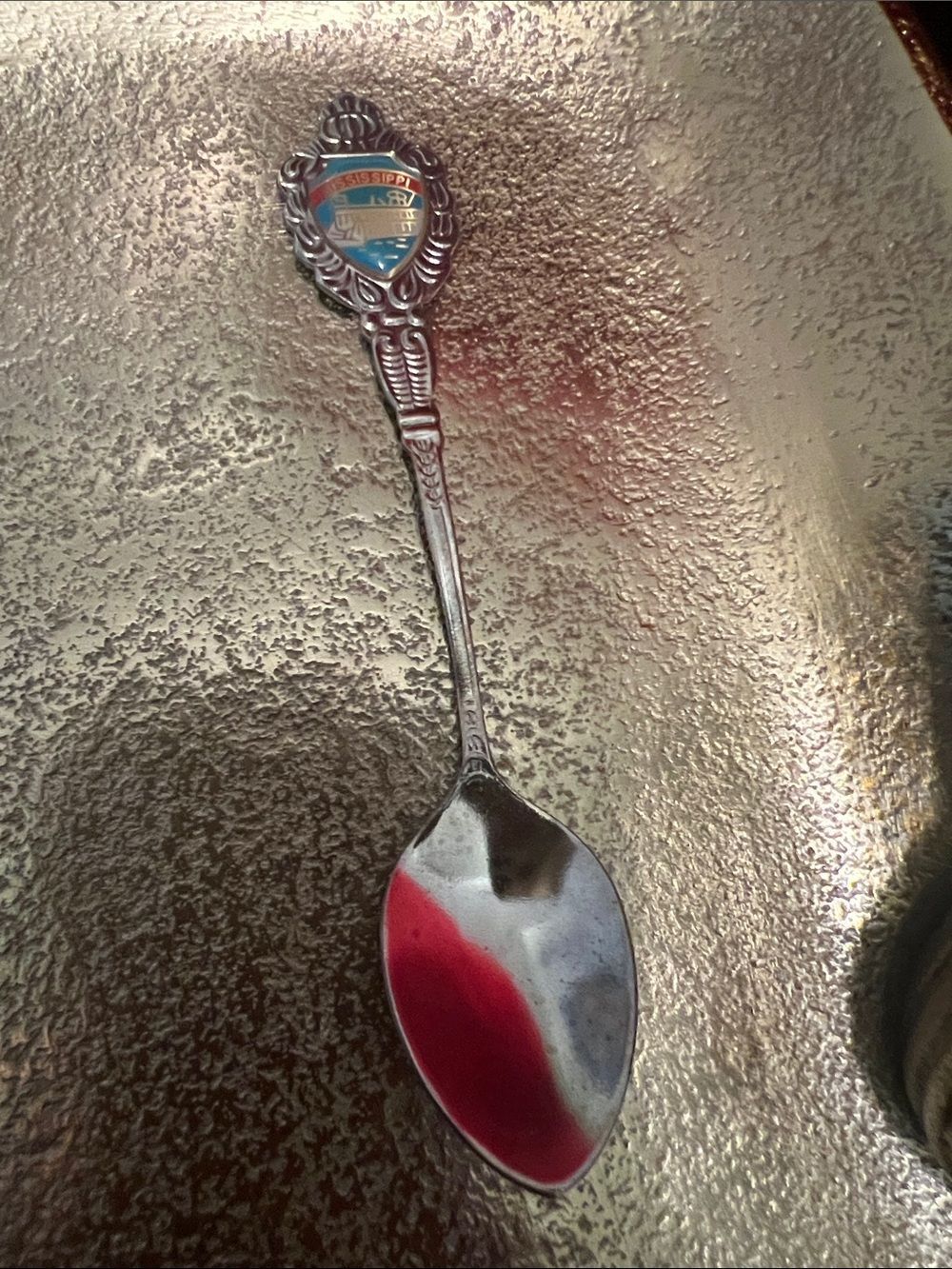#1973*Decorative Silver-Tone Souvenir Spoon with Blue and Red Enamel